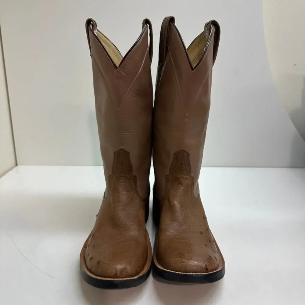 EXCELLENT Rios of Mercedes Brown Full Quill Ostrich Roper Exotic Boot 7.5 Narrow